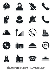 Set of vector isolated black icon - phone vector, reception bell, office, 24 hours, support, mobile tracking, radio, call, mute, cellular signal