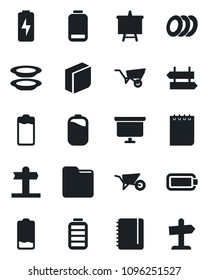 Set of vector isolated black icon - signpost vector, notepad, presentation board, wheelbarrow, battery, low, folder, charge, blank box, plates, guidepost