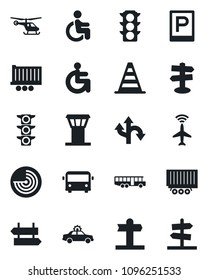 Set of vector isolated black icon - airport tower vector, plane radar, bus, parking, signpost, alarm car, border cone, helicopter, disabled, route, traffic light, truck trailer, guidepost