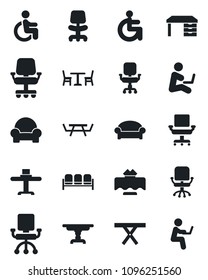 Set of vector isolated black icon - cafe vector, waiting area, office chair, desk, picnic table, disabled, cushioned furniture, restaurant, man with notebook