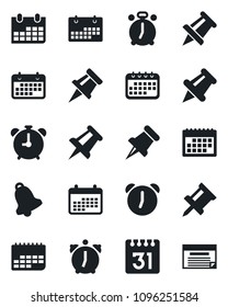 Set of vector isolated black icon - alarm clock vector, drawing pin, calendar, term, paper, bell, schedule