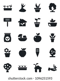 Set of vector isolated black icon - flower in pot vector, seedling, tree, sproute, plant label, fertilizer, fruit, salad, apple, eco house, palm