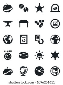 Set of vector isolated black icon - no laptop vector, ticket office, globe, document reload, pills, diet, earth, pie graph, table, police, alarm led