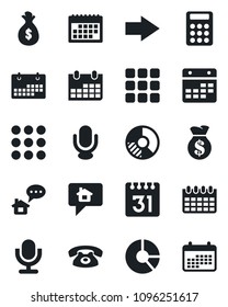 Set of vector isolated black icon - right arrow vector, calendar, circle chart, microphone, menu, calculator, phone, home message, money bag