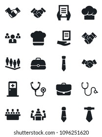 Set of vector isolated black icon - medical room vector, handshake, team, tie, document, stethoscope, meeting, cook hat, case