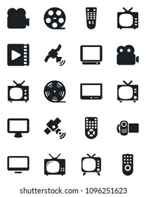 Set of vector isolated black icon - tv vector, reel, satellite, video camera, remote control, monitor