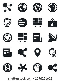 Set of vector isolated black icon - satellite antenna vector, bomb in case, globe, plane, earth, pin, consolidated cargo, network, share, news, social media