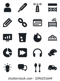 Set of vector isolated black icon - antenna vector, spoon and fork, trash bin, statistic monitor, pencil, circle chart, glove, greenhouse, thermometer, dialog, headphones, chain, fast forward, user