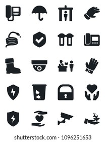 Set of vector isolated black icon - passport control vector, security gate, trash bin, glove, boot, hose, heart hand, umbrella, shield, protect, lock, intercome, water filter, surveillance