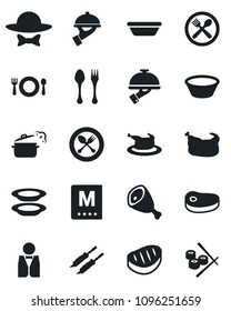 Set of vector isolated black icon - spoon and fork vector, waiter, cafe, menu, plates, dress code, chicken, steak, kebab, ham, bowl, steaming pan, sushi