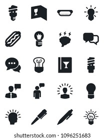 Set of vector isolated black icon - speaking man vector, pen, brainstorm, bulb, dialog, wine card, hot dog, energy saving, shining head, idea