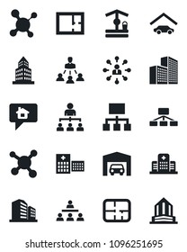 Set of vector isolated black icon - hierarchy vector, well, molecule, hospital, office building, garage, plan, home message