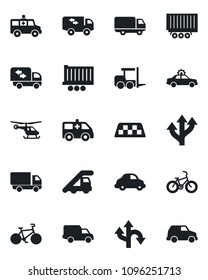 Set of vector isolated black icon - taxi vector, alarm car, fork loader, ladder, helicopter, ambulance, bike, route, truck trailer, delivery, moving
