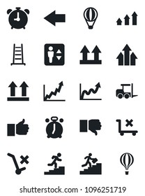 Set of vector isolated black icon - elevator vector, alarm clock, left arrow, fork loader, ladder, up side sign, no trolley, finger, down, career, graph, growth, air balloon