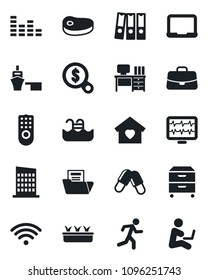 Set of vector isolated black icon - case vector, desk, notebook pc, seedling, monitor pulse, pills, run, sea port, equalizer, document folder, paper binder, archive box, pool, sweet home, wireless