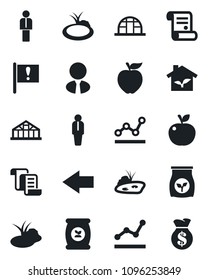 Set of vector isolated black icon - left arrow vector, manager, contract, greenhouse, pond, fertilizer, important flag, point graph, estate agent, apple fruit, eco house, money bag