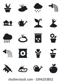 Set of vector isolated black icon - flower in pot vector, seedling, watering can, sproute, rain, seeds, pond, oil barrel, house with tree, rolling pin, apple fruit