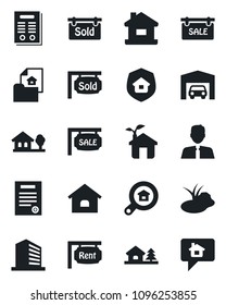 Set of vector isolated black icon - office building vector, pond, contract, house, with tree, garage, estate document, sale, rent, sold signboard, search, agent, insurance, eco, home message