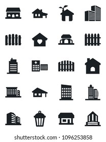 Set of vector isolated black icon - fence vector, house, garden light, hospital, store, office building, with garage, sweet home, city, cafe, eco