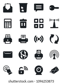 Set of vector isolated black icon - trash bin vector, printer, antenna, network, touch screen, mail, message, update, application, calculator, key, wireless lock, web camera