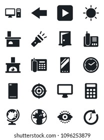 Set of vector isolated black icon - globe vector, left arrow, sun, fireplace, earth, monitor, radio phone, play button, mobile, back, torch, eye id, clock, calculator, office, target, pc, door