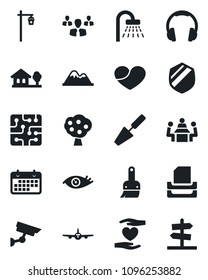 Set of vector isolated black icon - shower vector, plane, trowel, garden light, heart hand, eye, term, shield, headphones, themes, meeting, paper tray, house with tree, fruit, mountains, chip, group
