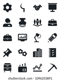 Set of vector isolated black icon - gear vector, case, sickle, settings, monitor statistics, presentation board, drawing pin, office building, support, checklist, point graph, desk lamp, archive box