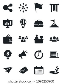Set of vector isolated black icon - hierarchy vector, team, manager place, office building, group, motivation, wallet, clock, pennon, calendar, flag, case, paper plane, social media, mail