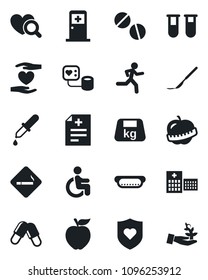 Set of vector isolated black icon - smoking place vector, medical room, diagnosis, blood pressure, test vial, dropper, heart diagnostic, pills, scalpel, run, shield, disabled, hand, diet, hospital