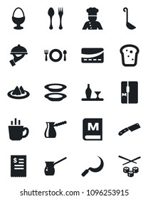 Set of vector isolated black icon - spoon and fork vector, sickle, fridge, cook, alcohol, serviette, cafe, menu, coffee, plates, waiter, egg stand, bread, credit card, restaurant receipt, ladle