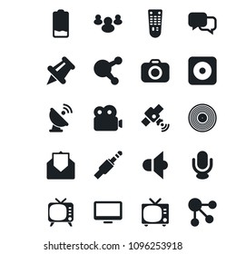 Set of vector isolated black icon - tv vector, satellite antenna, vinyl, camera, speaker, microphone, remote control, dialog, monitor, share, group, paper pin, low battery, mail, rec button, video