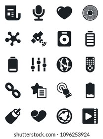 Set of vector isolated black icon - vinyl vector, satellite, news, settings, microphone, remote control, network, touch screen, share, chain, speaker, favorites list, heart, battery, low, rca, video