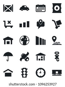 Set of vector isolated black icon - navigation vector, earth, satellite, traffic light, mobile tracking, car delivery, clock, term, container, cargo, umbrella, warehouse storage, no trolley, hook
