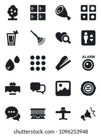 Set of vector isolated black icon - elevator vector, checkroom, stamp, rake, heart diagnostic, railroad, dialog, menu, gallery, application, stapler, fruit tree, restaurant table, phyto bar, ham