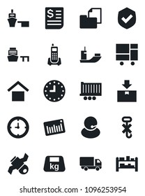 Set of vector isolated black icon - satellite vector, office phone, support, sea shipping, truck trailer, car delivery, clock, receipt, port, consolidated cargo, folder document, warehouse storage