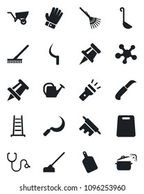 Set of vector isolated black icon - drawing pin vector, rake, ladder, watering can, wheelbarrow, glove, hoe, sickle, garden knife, stethoscope, share, torch, ladle, rolling, cutting board