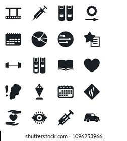 Set of vector isolated black icon - book vector, pennant, heart, syringe, barbell, hand, term, film frame, favorites list, network, brightness, eye id, pie graph, smoke detector, calendar, car