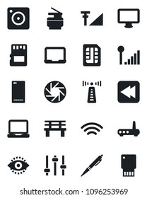 Set of vector isolated black icon - antenna vector, notebook pc, bench, monitor, laptop, rewind, phone back, mobile camera, tuning, sd, sim, wireless, eye id, cellular signal, copier, pen, router