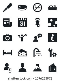 Set of vector isolated black icon - dispatcher vector, no smoking, shower, pen, seedling, patient, hook, camera, speaker, user, calendar, root setup, news, bedroom, steak, cheese, information