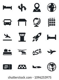 Set of vector isolated black icon - airport tower vector, taxi, arrival, baggage conveyor, bus, ticket, globe, bed, plane, helicopter, seat map, route, earth, pin, bedroom, table, rocket