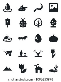 Set of vector isolated black icon - tree vector, wheelbarrow, lady bug, water drop, sickle, pumpkin, caterpillar, bird house, tulip, gallery, pond, fruit, mountains, alcohol, eco, irrigation