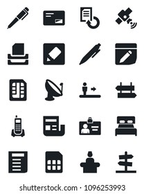 Set of vector isolated black icon - escalator vector, signpost, reception, identity card, pen, document, reload, office phone, satellite antenna, mail, sim, notes, news, paper tray, bedroom