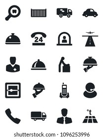 Set of vector isolated black icon - runway vector, baby room, reception, doctor, office phone, 24 hours, support, client, cargo container, car delivery, search, call, scanner, moving, dish, waiter