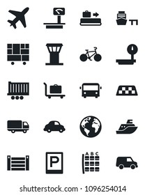 Set of vector isolated black icon - plane vector, airport tower, taxi, baggage conveyor, trolley, bus, parking, seat map, bike, earth, sea shipping, truck trailer, car delivery, port, container