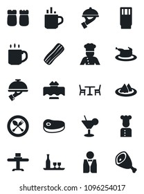 Set of vector isolated black icon - hot cup vector, spoon and fork, cafe, coffee, waiter, cook, alcohol, restaurant table, serviette, drink, cocktail, bacon, salt pepper, chicken, steak, ham