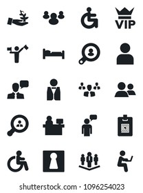 Set of vector isolated black icon - dispatcher vector, female, vip, disabled, bed, speaking man, manager place, speaker, group, user, identity card, company, client search, waiter, palm sproute