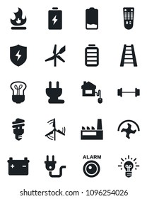Set of vector isolated black icon - ripper vector, ladder, fire, barbell, remote control, battery, low, protect, windmill, factory, home, power plug, bulb, energy saving, alarm led, idea