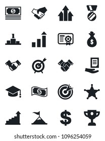 Set of vector isolated black icon - handshake vector, growth statistic, dollar sign, medal, graduate, document, cash, police, target, arrow up graph, motivation, money bag, certificate, pedestal