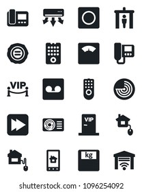 Set of vector isolated black icon - security gate vector, radar, stamp, scales, fast forward, record, air conditioner, vip zone, home control, remote, intercome, app, garage