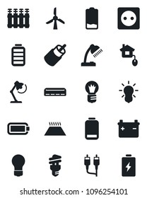 Set of vector isolated black icon - bulb vector, battery, low, rca, desk lamp, air conditioner, home control, socket, radiator, warm floor, energy saving, windmill